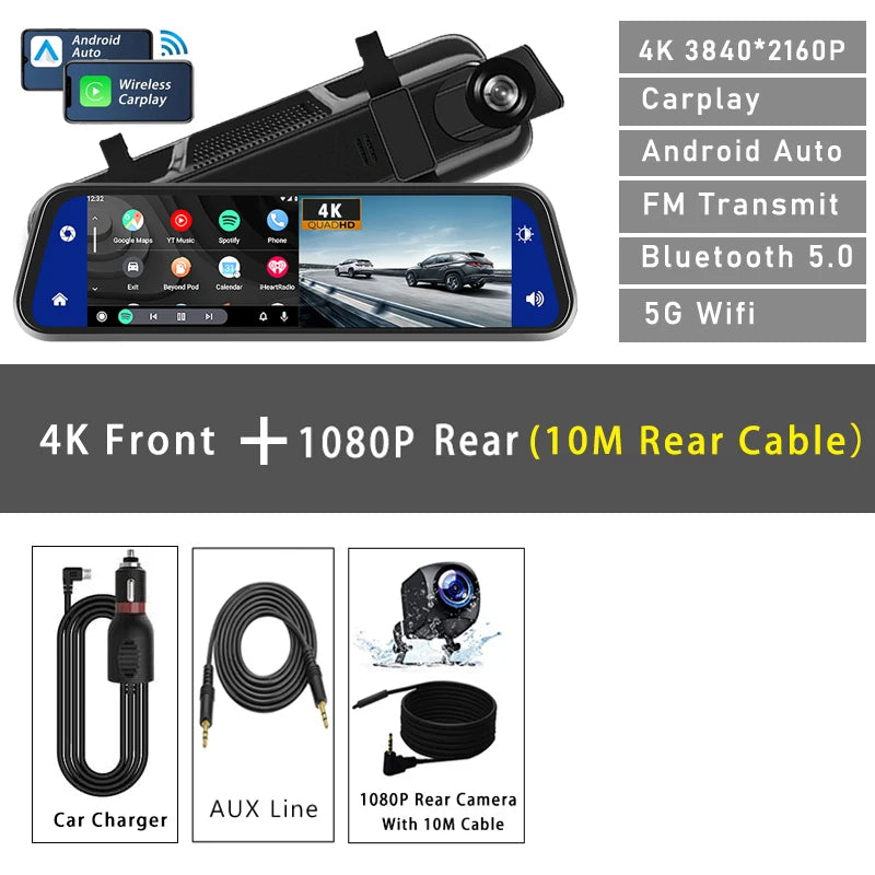 10"  Dash Cam 4K 3840*2160P Car Dvr Carplay Android Auto GPS 5G WIFI AUX Stream RearView Mirror Dashcam Camera Drive Recorder FM