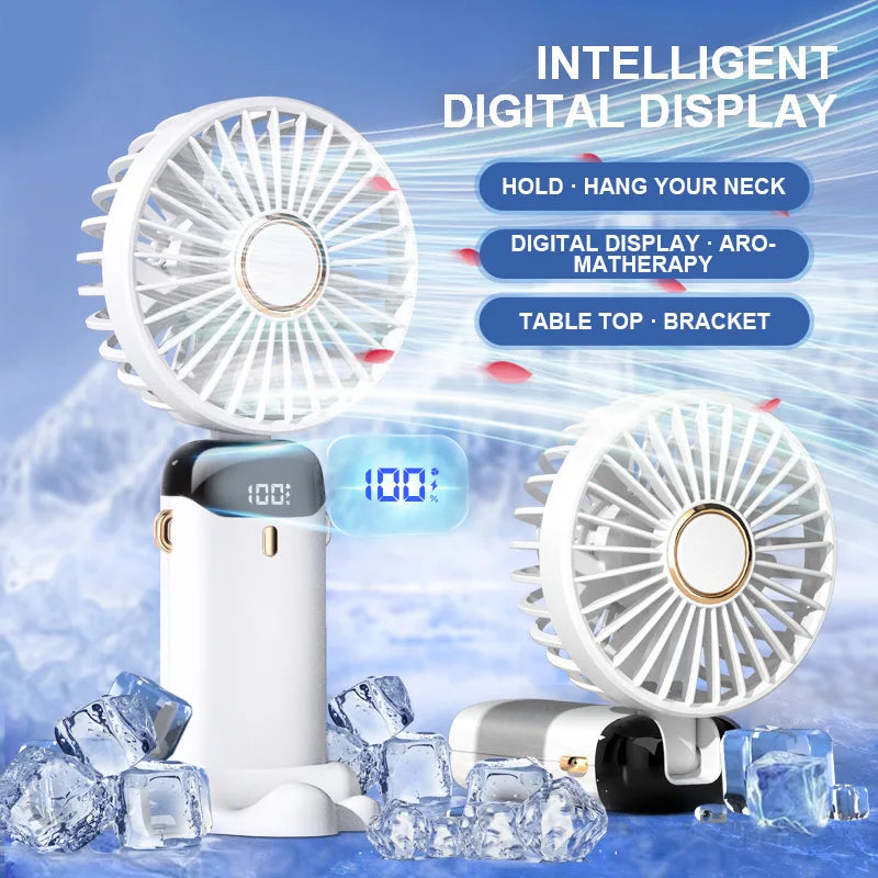 5000mAh Handheld Mini Fan Wireless USB Rechargeable Portable Digital Display Phone Holder Fan 5 Speed Foldable Neck Hanging Fans