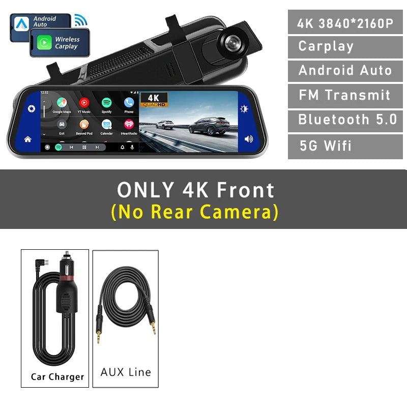 10"  Dash Cam 4K 3840*2160P Car Dvr Carplay Android Auto GPS 5G WIFI AUX Stream RearView Mirror Dashcam Camera Drive Recorder FM